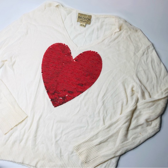 Wildfox White Label Angora Cream Sweatern Sequin Red Heart Valentine Love, Large - Picture 6 of 13